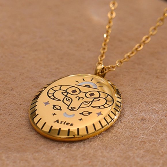 Jewelry - ARIES--NEW 18K Gold Plated ARIES Sign Zodiac Oval Pendant Necklace